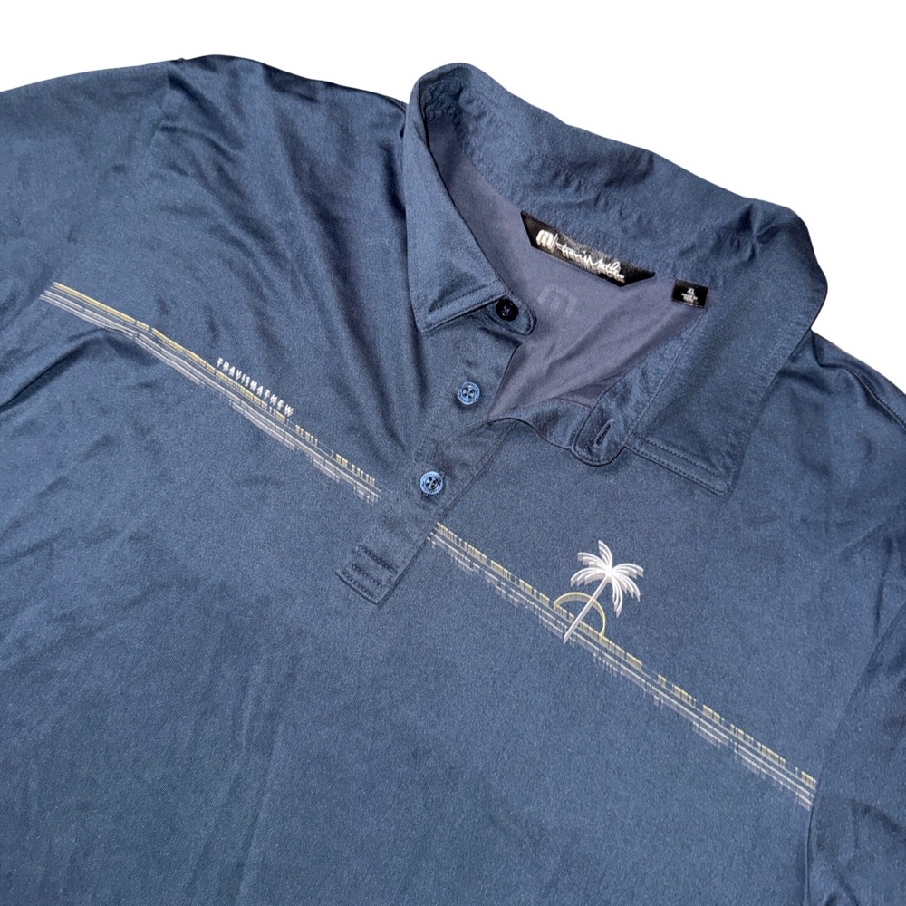 TravisMathew Polo Shirt XL Navy Blue Palm Tree Graphic Performance Golf Top